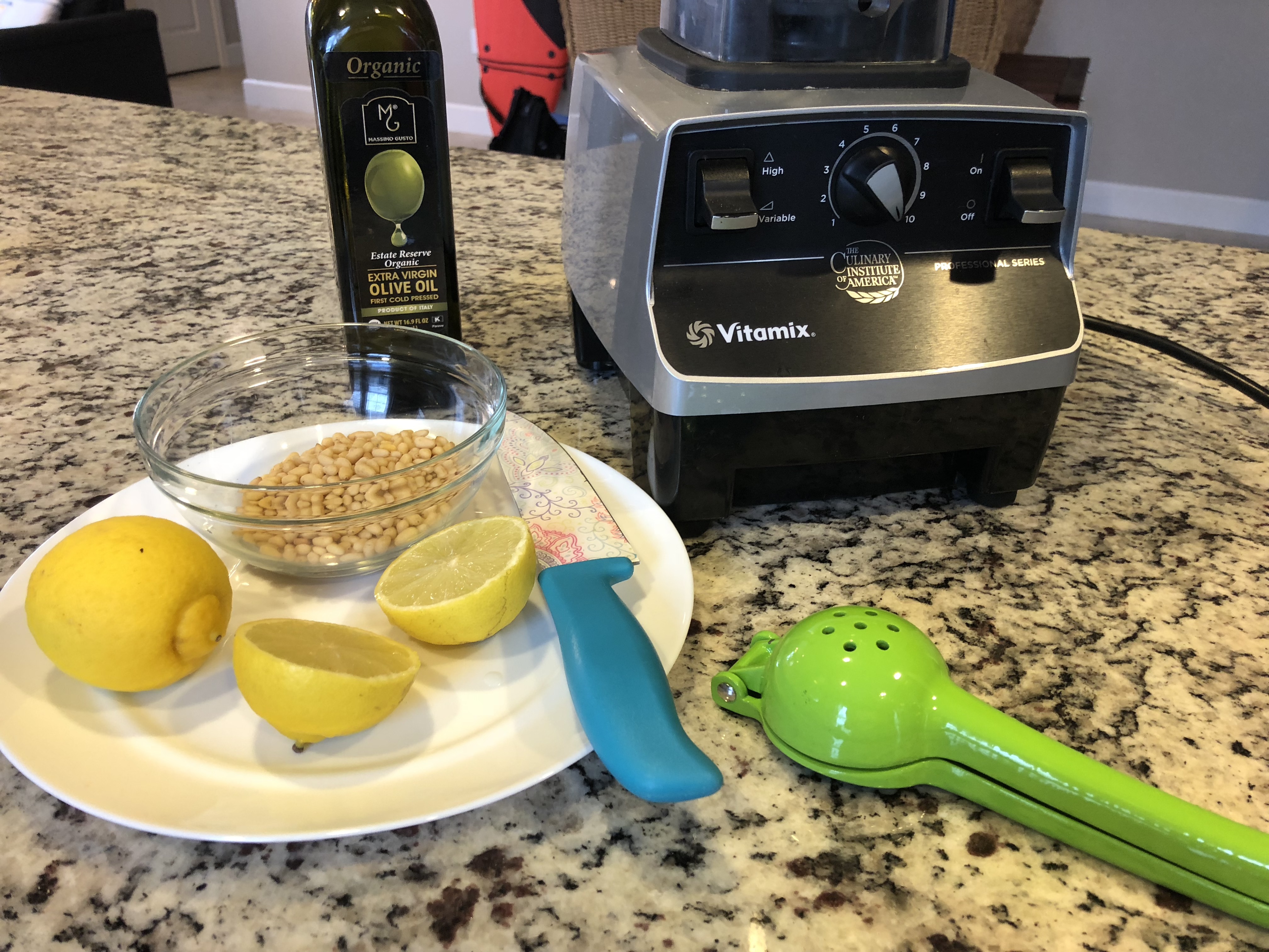 Lemon, pine nuts, olive oil, vitamix